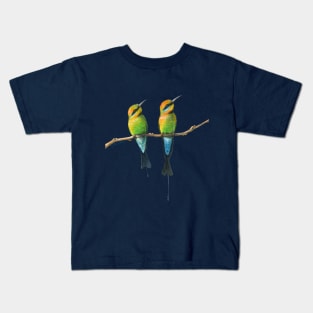 Rainbow Bee-Eaters Watercolour Design - Blue Background Kids T-Shirt